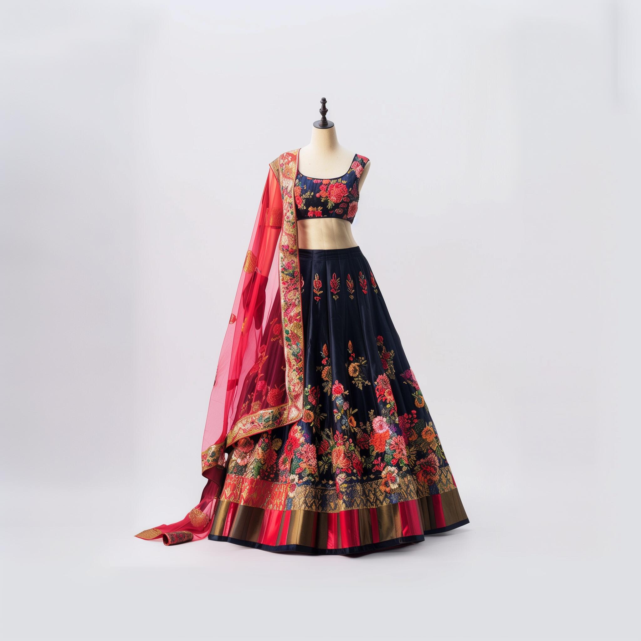 Colorful traditional sari and lehenga set from CoutureMantra displayed on a hanger with intricate embroidery and vibrant fabric.