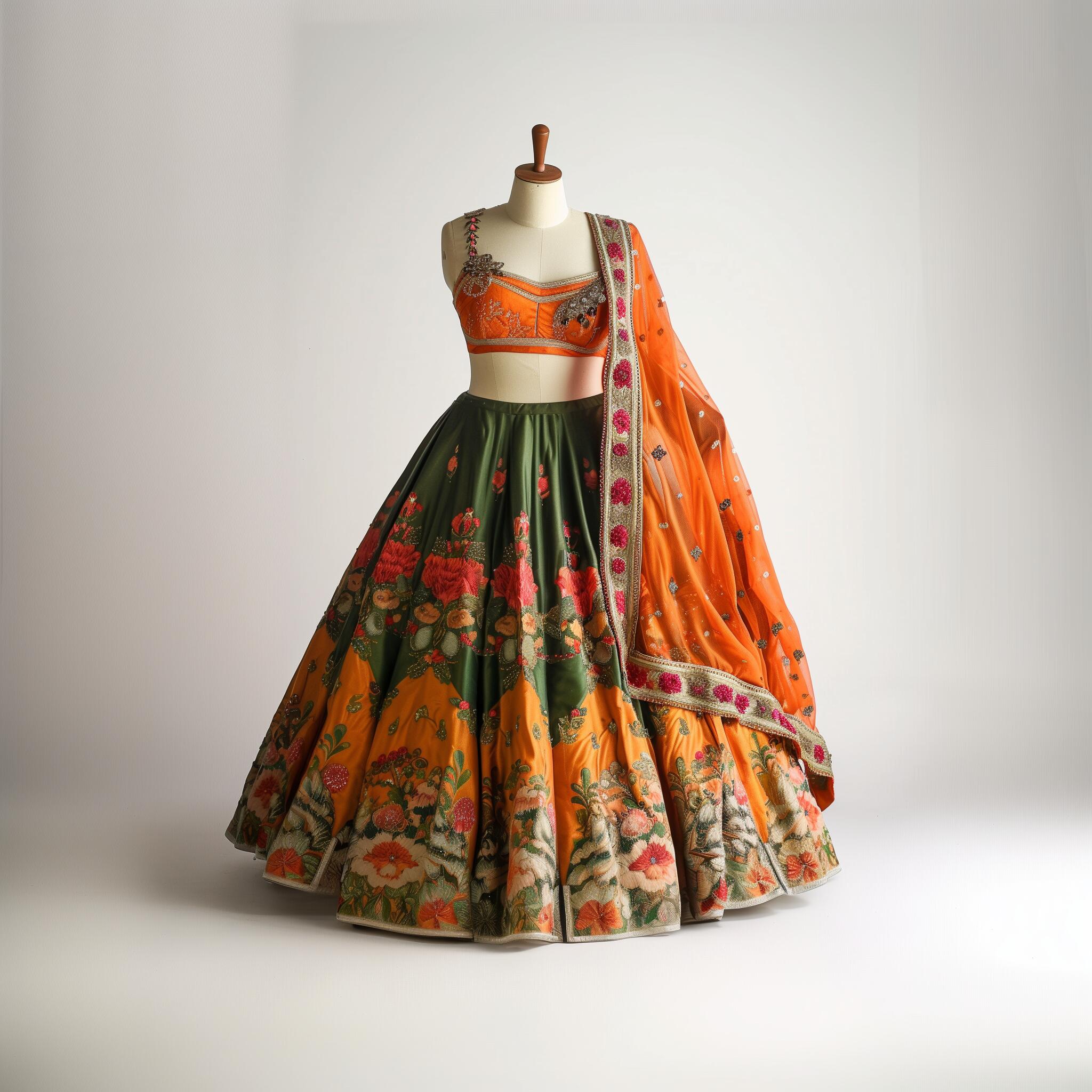 Colorful CoutureMantra sari and lehenga set with intricate embroidery, displayed on a mannequin.