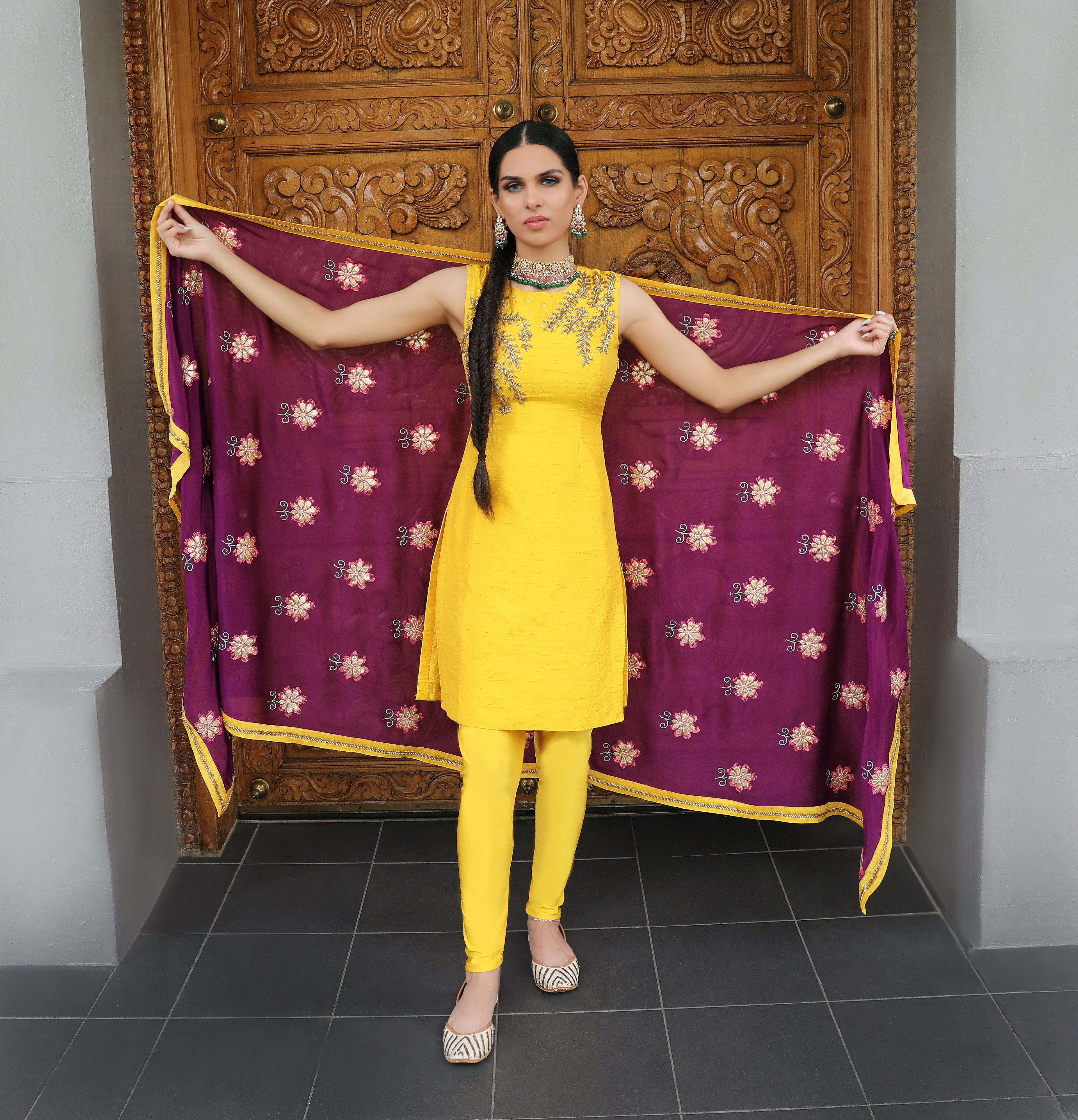 Begum Kurti Set Yellow & Purple