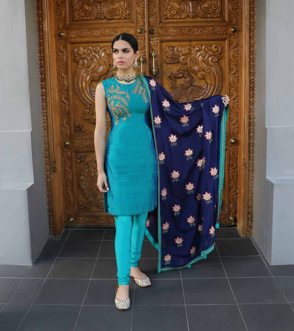 Peacock and midnight blue Begum Kurti set pajami suit by Couture Mantra with intricate embroidery and traditional design.