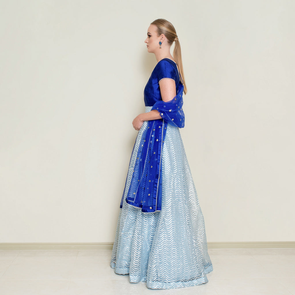 Powder blue Gotta Patti Anarkali dress by Nakir, featuring intricate embroidery and traditional Indian design.