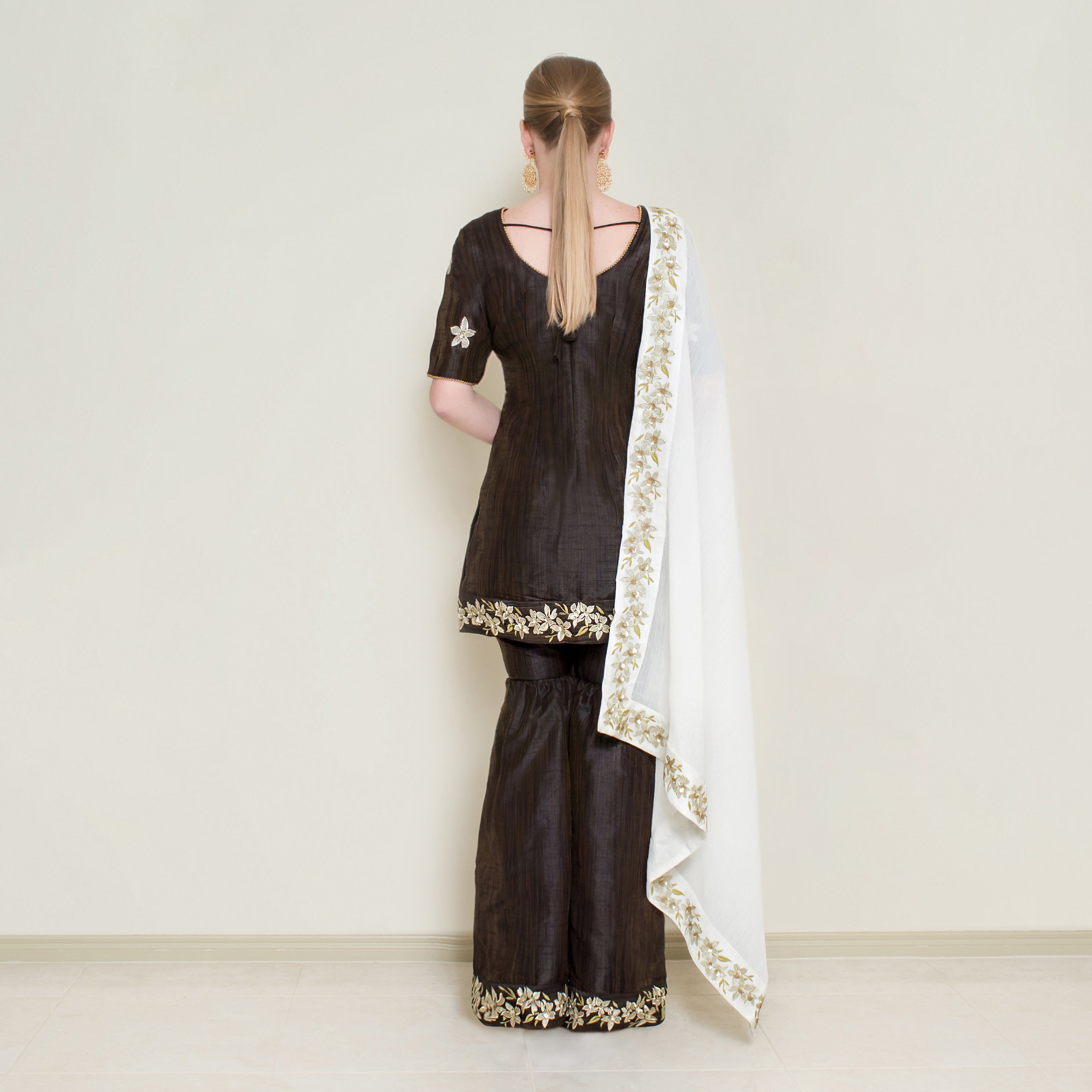 Dark Chocolate Embroidered Sharara Set