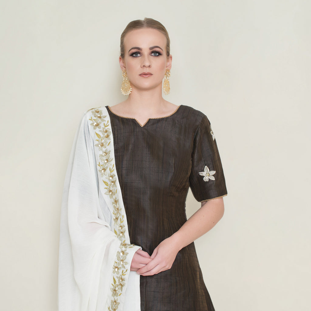 Dark Chocolate Embroidered Sharara Set