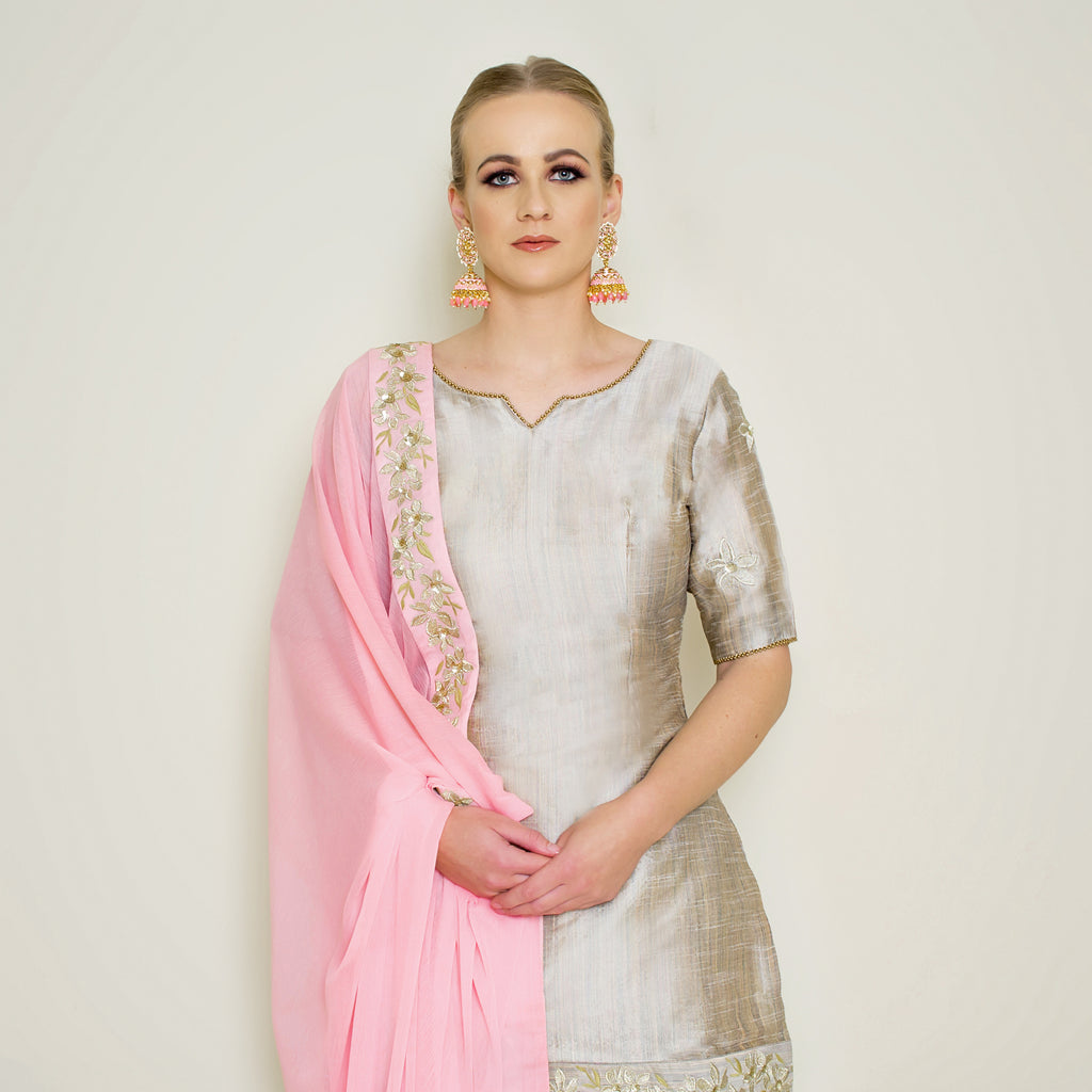 Stone grey embroidered Sharara set by Nakir featuring intricate embroidery and traditional design, perfect for festive occasions.