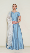 Blue Bindi Anarkali dress by Nakir featuring intricate embroidery and flowing fabric, perfect for traditional celebrations.