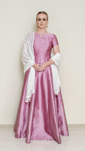 Pink Bindi Anarkali dress by Nakir featuring traditional embroidery and flowing fabric, ideal for festive occasions.