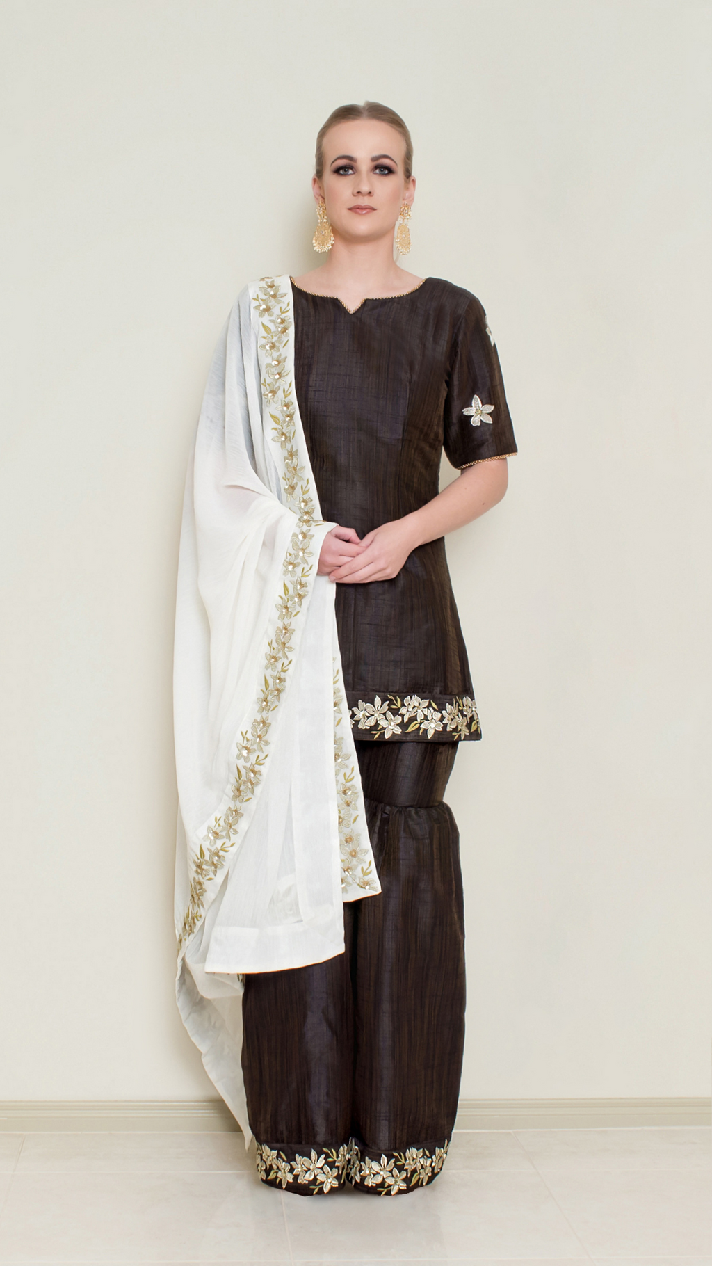 Dark Chocolate Embroidered Sharara Set