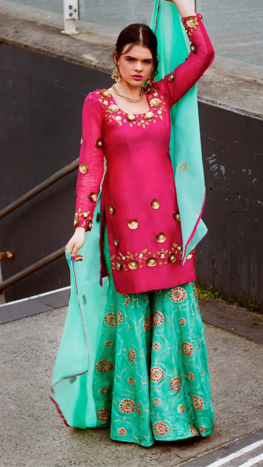 Amanpreet Gazal Gharara set featuring a traditional sharara with intricate embroidery and vibrant fabric, front view image.