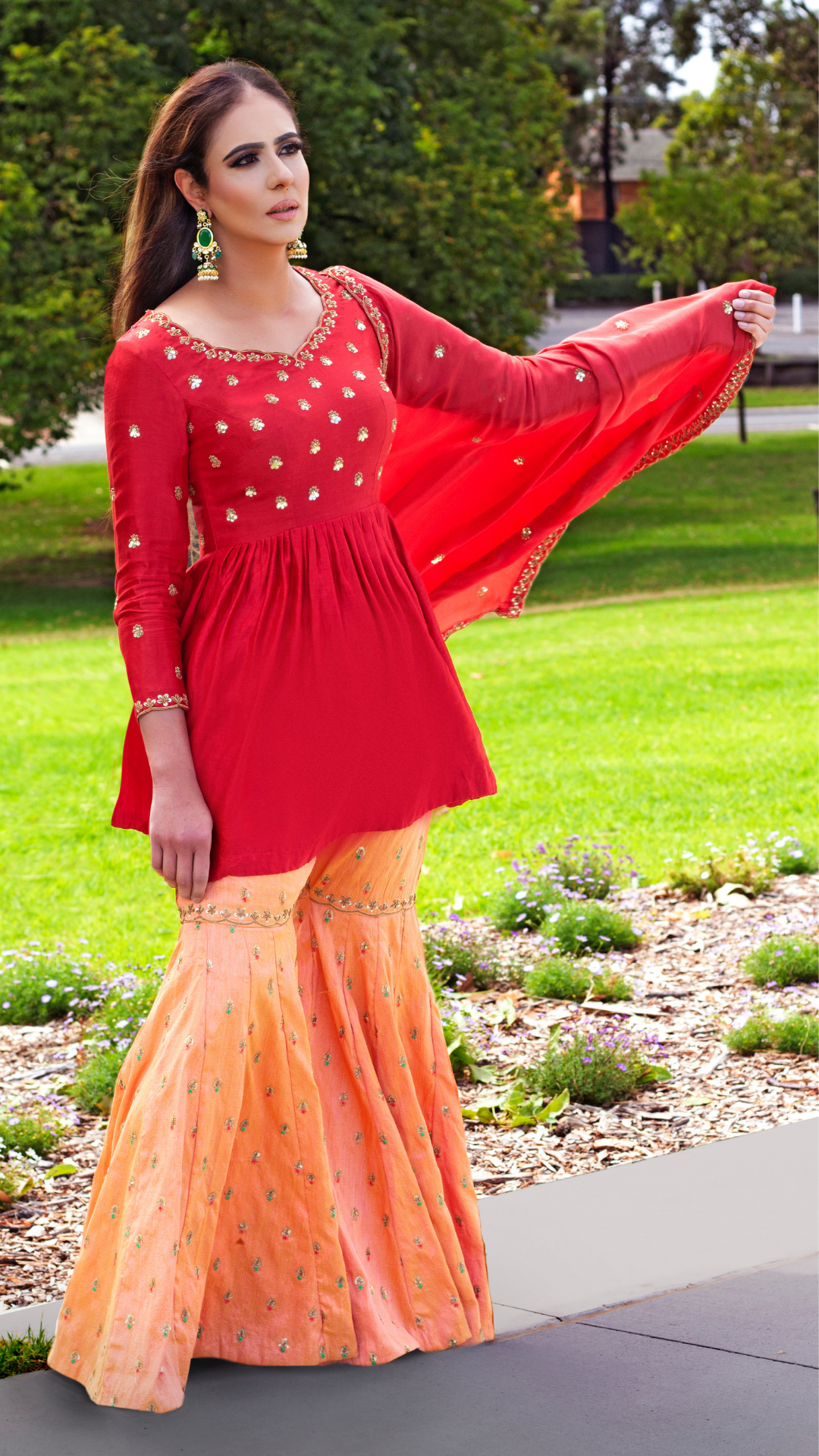 Elegant Mulberry Gharara Set by Couture Mantra featuring a traditional sharara with intricate embroidery and vibrant colors.